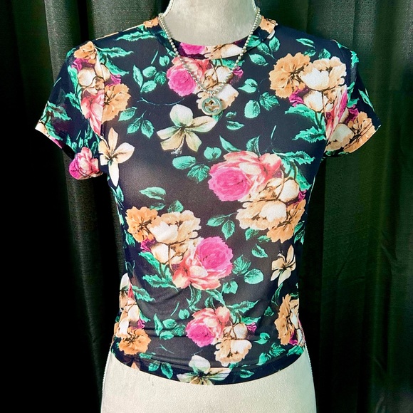 Ijoah Black Semi-Sheer Mesh Pink, Orange Floral Fitted Top, Size S - Picture 2 of 8